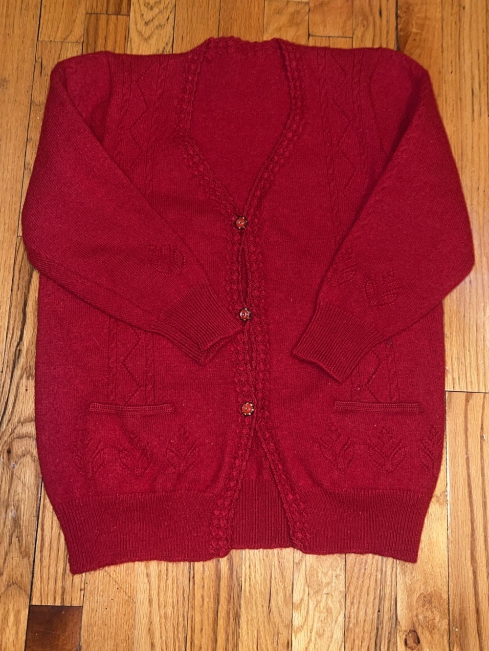 Vintage Red Cable-Knit Floral Button Cardigan Sweater Size S